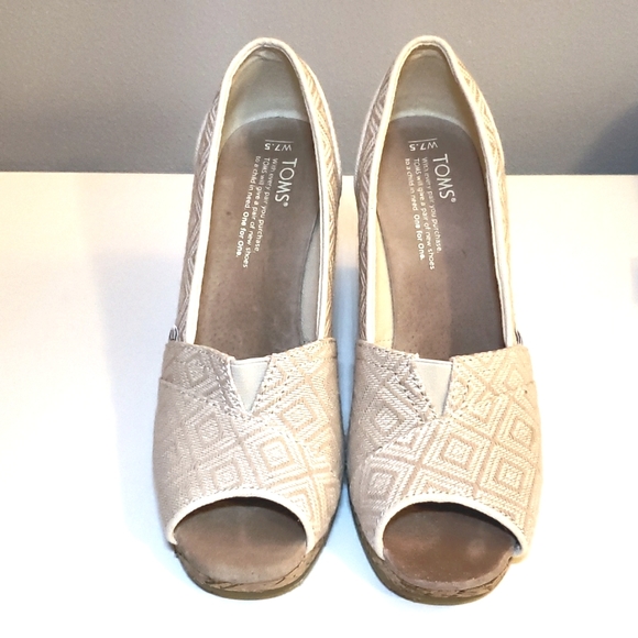 TOMS - TWEED OPEN TOE CORK WEDGE HEELS - Picture 4 of 7